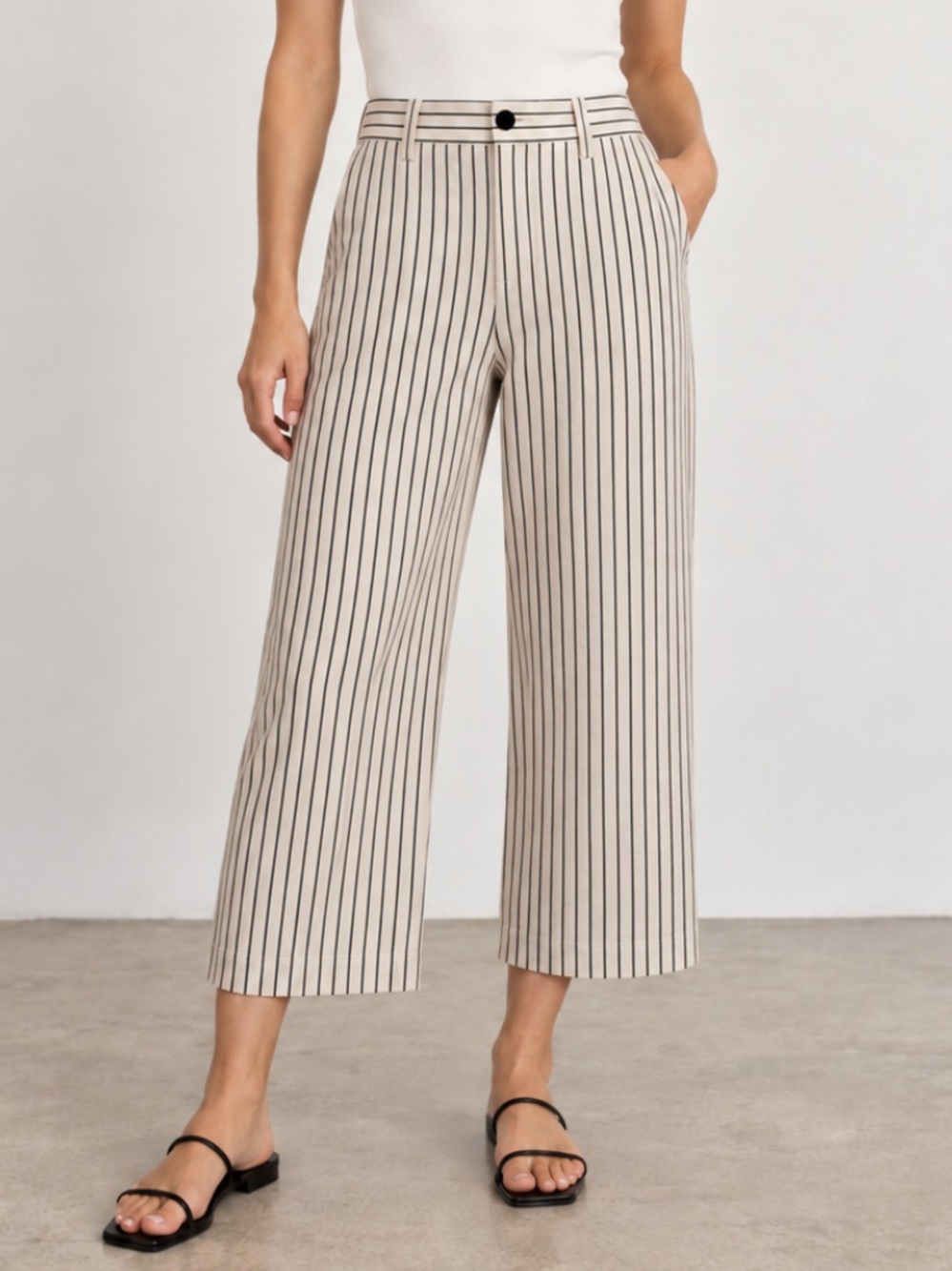 Cabi Tick Tock Pinstripe Mid-Rise Crop Wide Leg Trouser Pant Preppy Cream 4